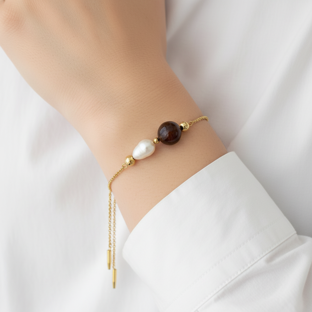 18kGF slider bracelet with freshwater pearl and fancy Jasper gemstones lifestyle image