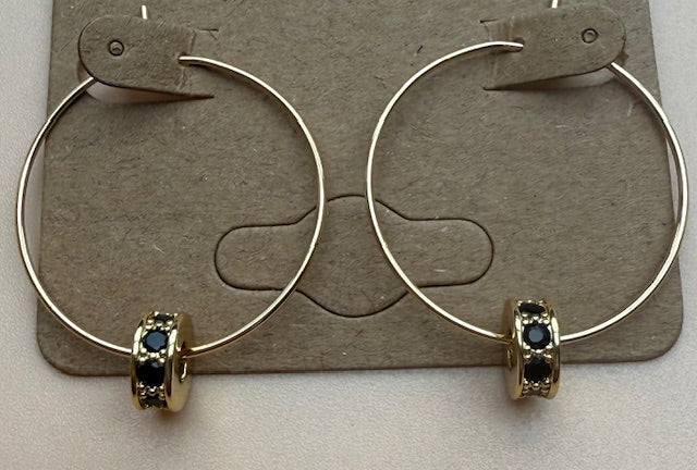 Round Black Crystal Beads Golden Hoops