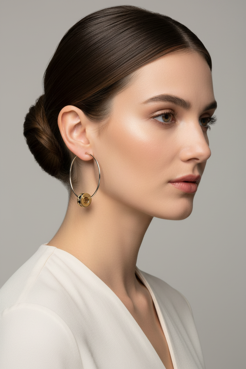 Round Black Crystal Beads Golden Hoops