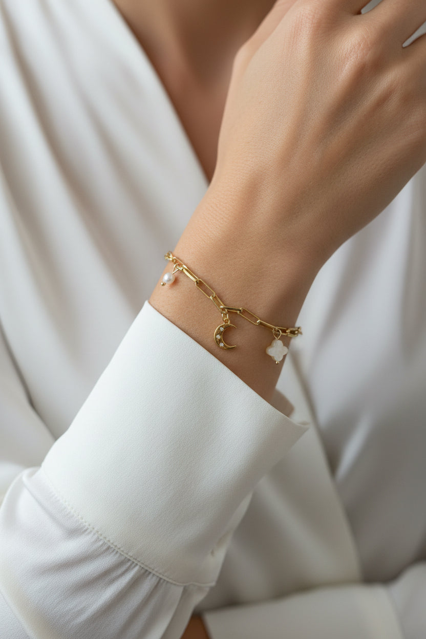 CZ Micro Pave Moon Charm Paperclip Bracelet