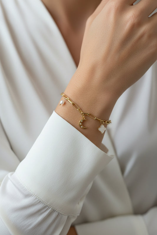 CZ Micro Pave Moon Charm Paperclip Bracelet