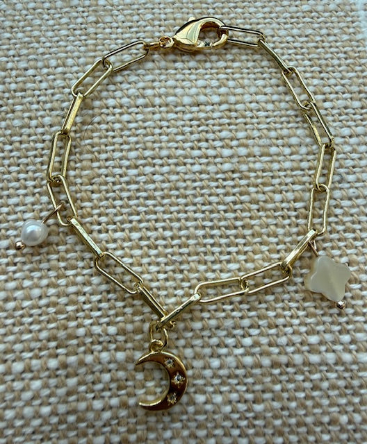CZ Micro Pave Moon Charm Paperclip Bracelet
