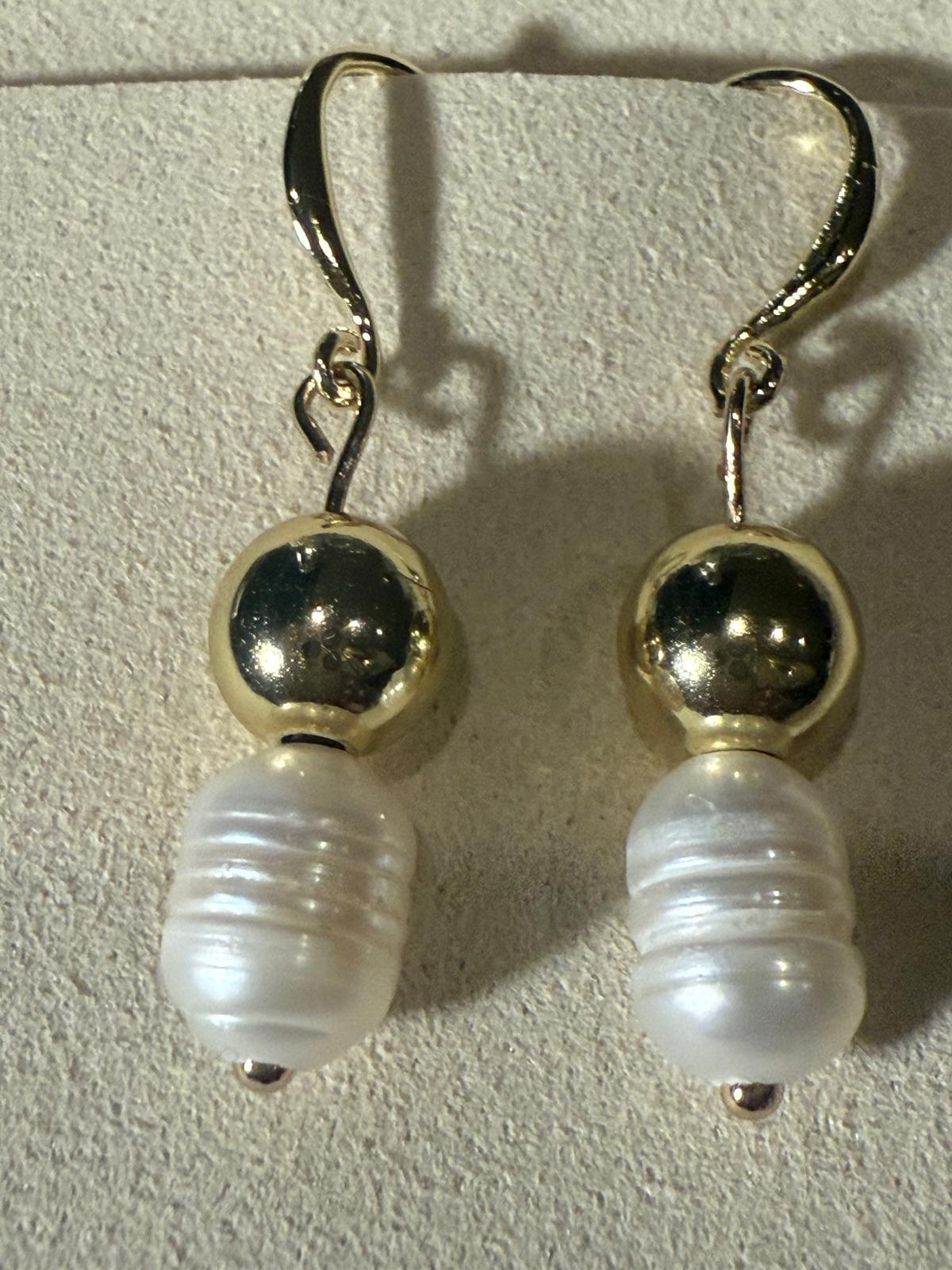 Pearl and Gold Bead Dangle Earrings