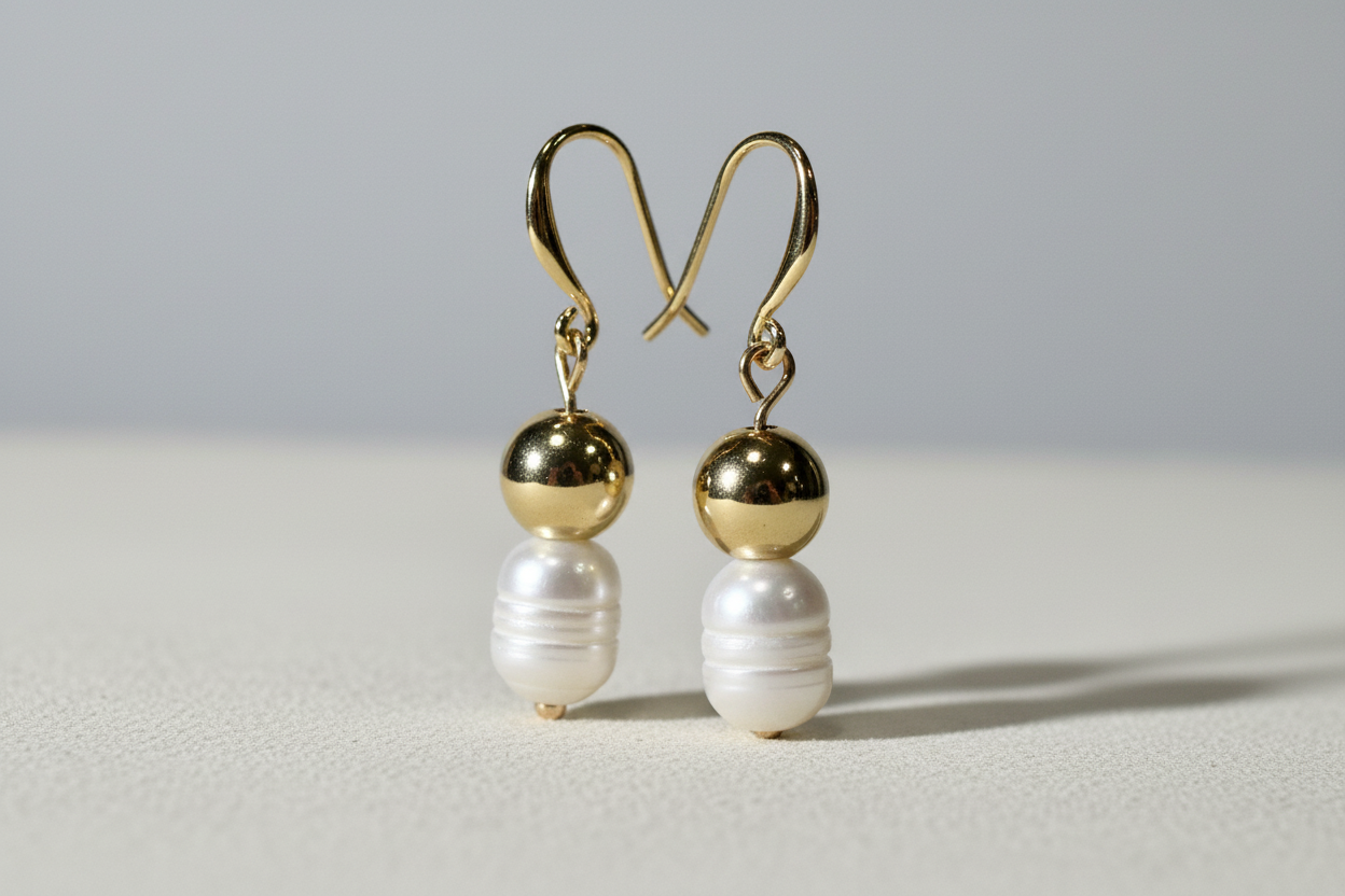 Pearl and Gold Bead Dangle Earrings