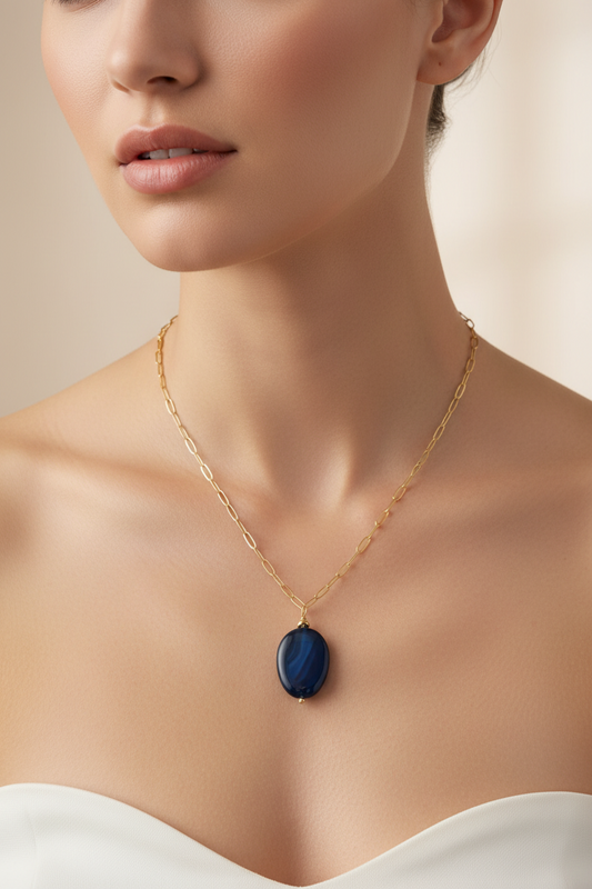 Blue Agate Paper Clip Chain Necklace