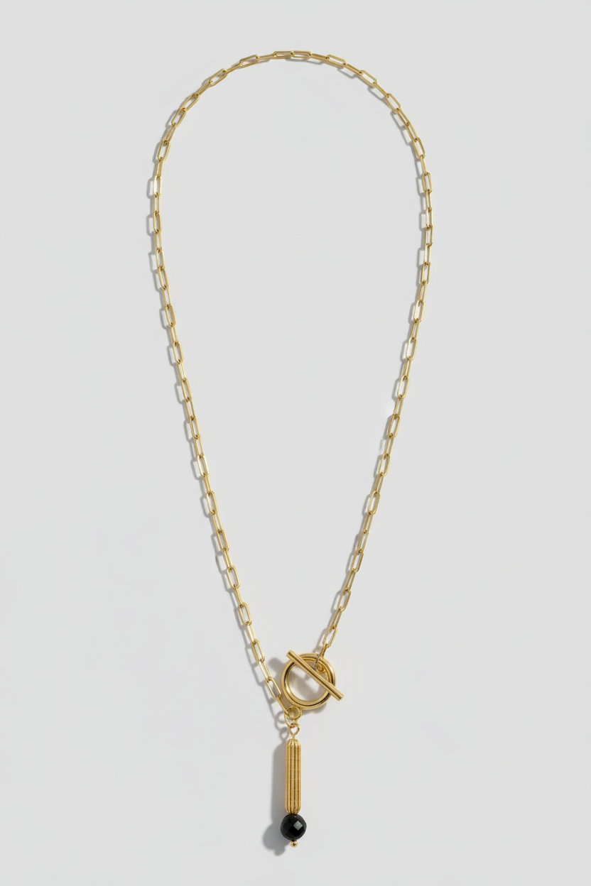 Gold Tube Bead Paper Clip Chain Necklace