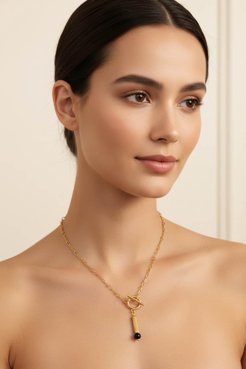 Gold Tube Bead Paper Clip Chain Necklace