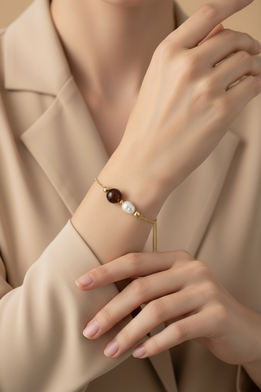 Slider Bracelet with Freshwater Pearl and Red Carnelian