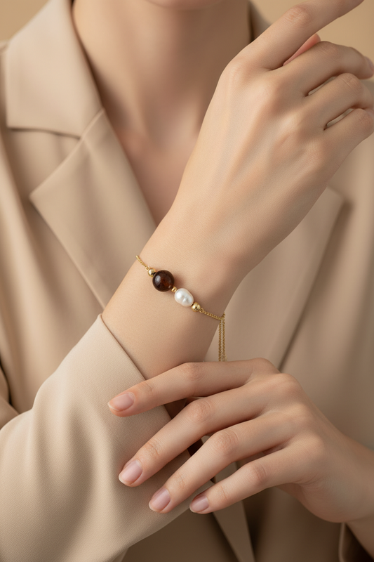 Slider Bracelet with Freshwater Pearl and Red Carnelian